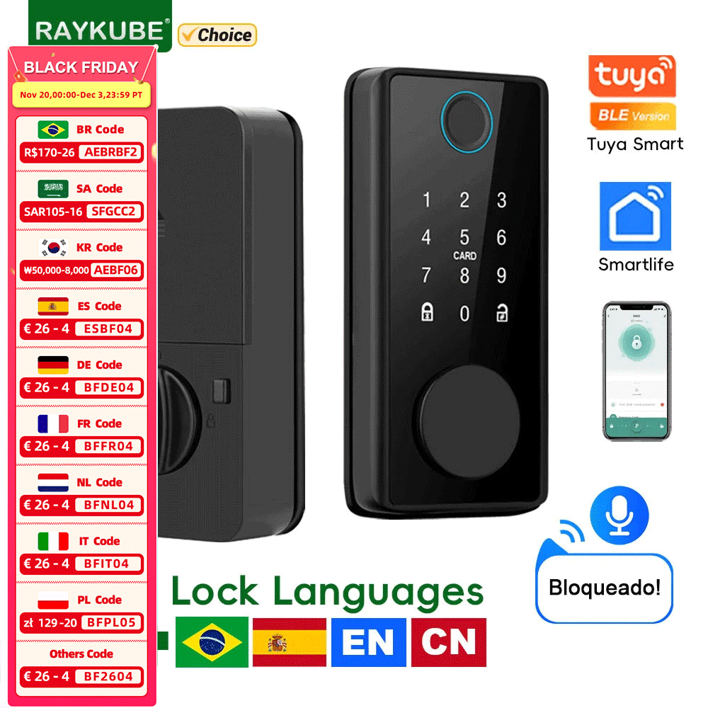 Smart Lock Deadbolt Keypad Bluetooth - RAYKUBE DS01 4-language Tuya Bluetooth Smart