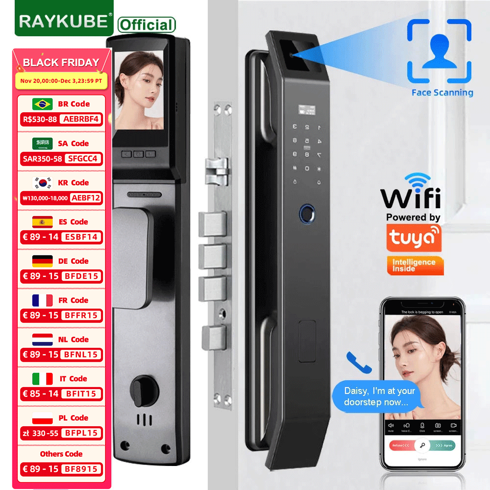 Video Door Lock With Camera Peephole - RAYKUBE DF14 Tuya WiFi 3D Face